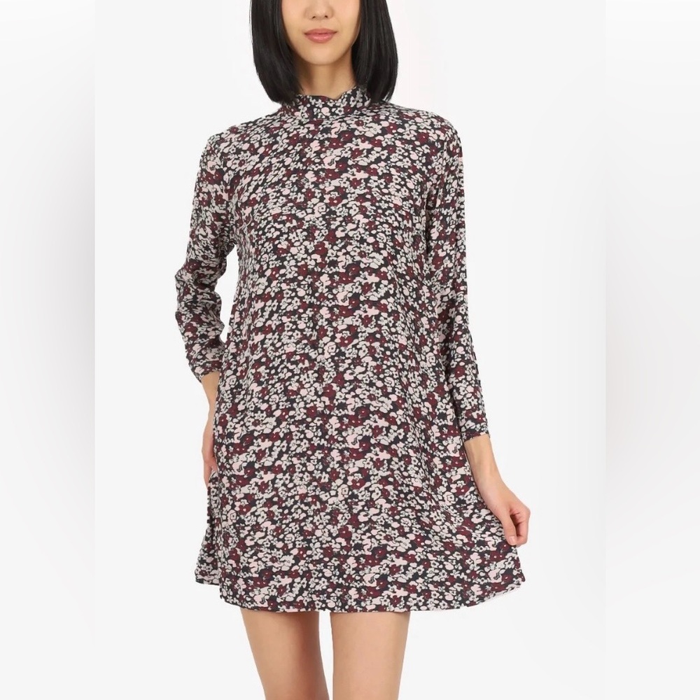 Ganni Floral Long Sleeve Mini Dress in Burgundy, White, Black